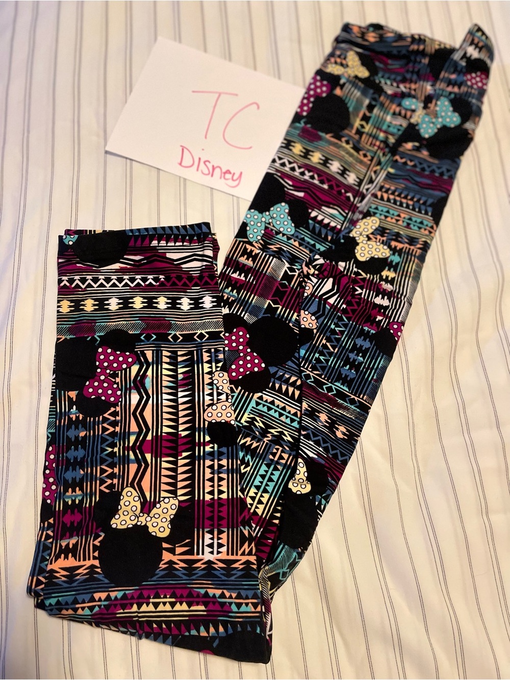 LuLaRoe Black Leggings with Teal, Pink & Yellow Minnie Bows and Aztec Print